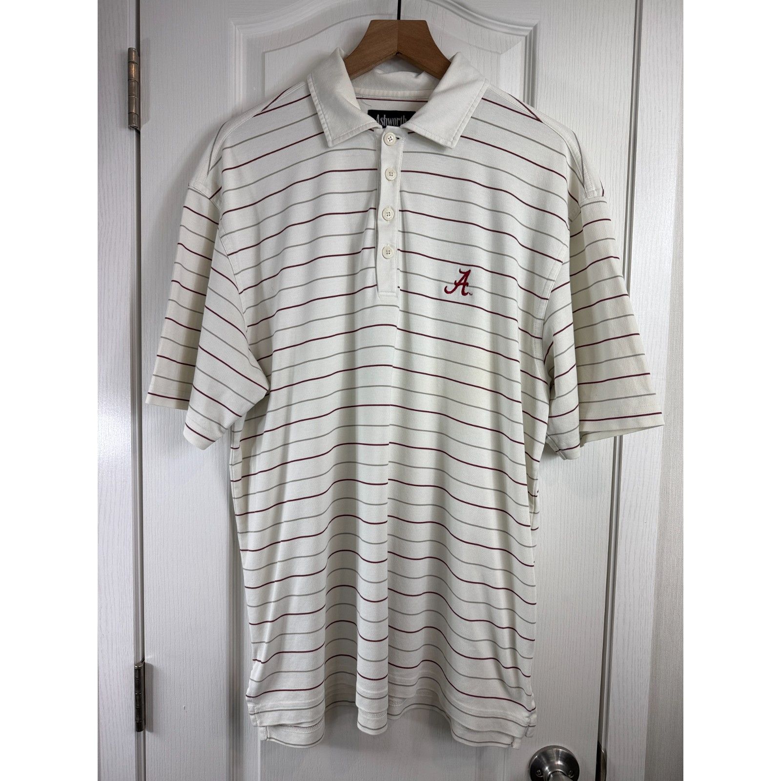 Ashworth Alabama Crimson Tide Polo Shirt Off-White Striped Men's Large